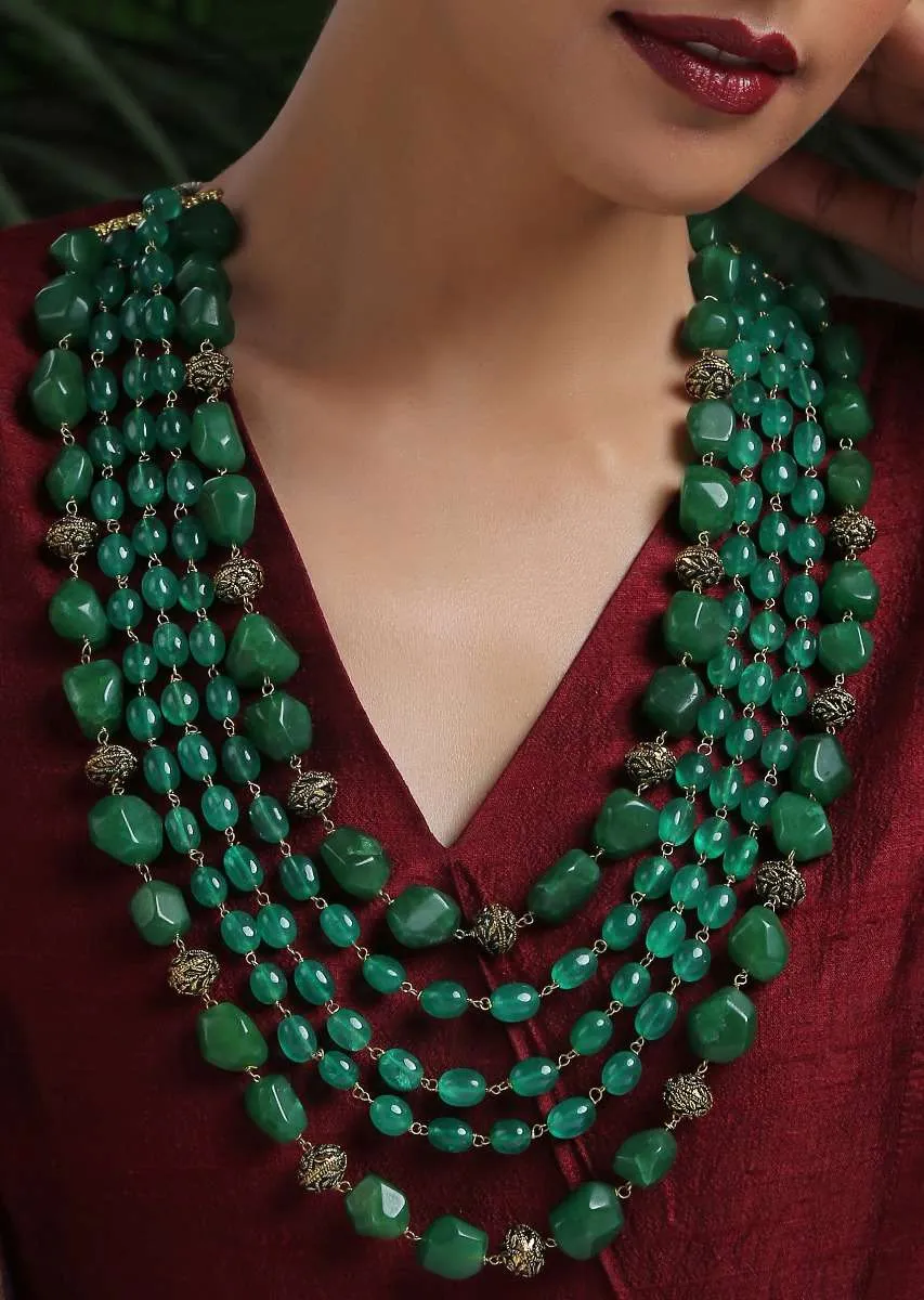 Green Layered Necklace With Four Layers Of Green Stones In A Bohemian Inspired Design By Paisley Pop