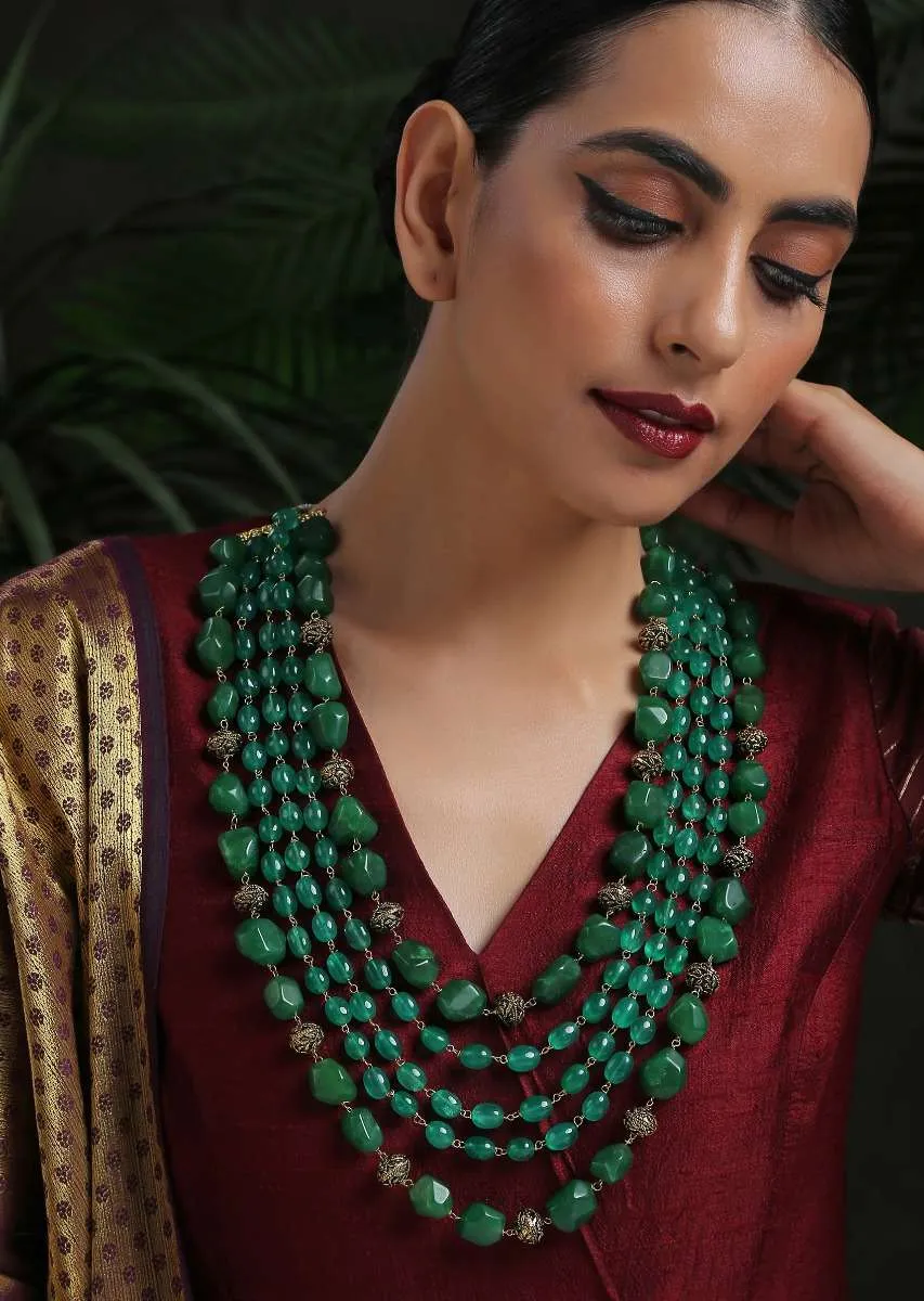 Green Layered Necklace With Four Layers Of Green Stones In A Bohemian Inspired Design By Paisley Pop