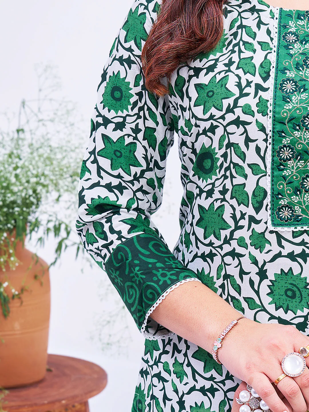 Green Rayon Print with Embroidery & Fancy Lace Work Kurti Set