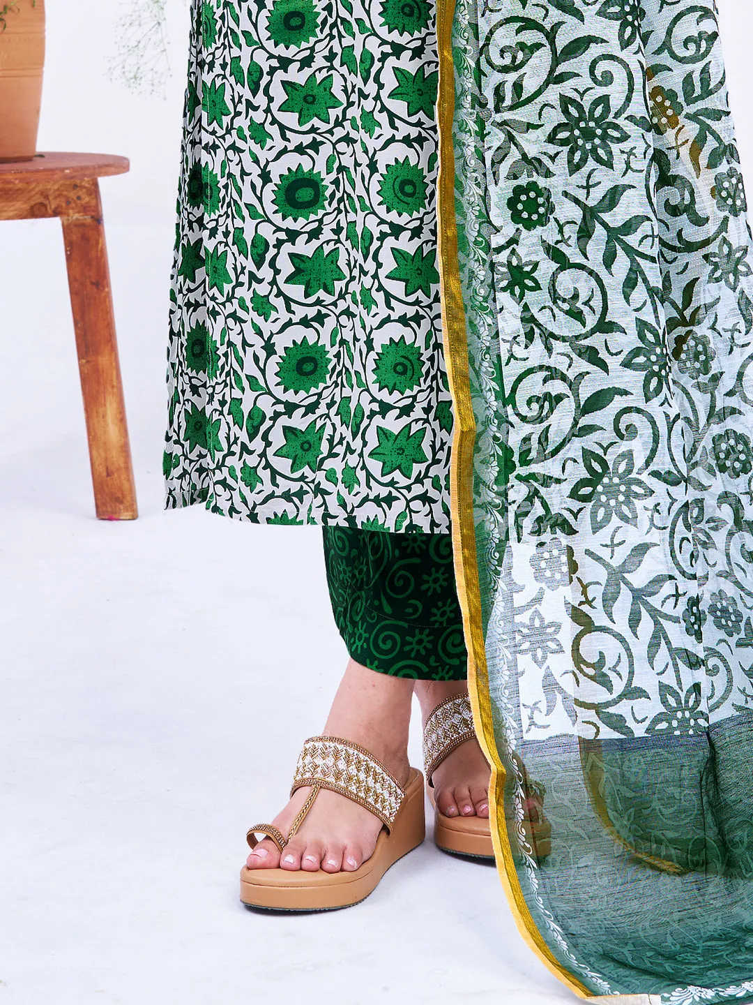 Green Rayon Print with Embroidery & Fancy Lace Work Kurti Set