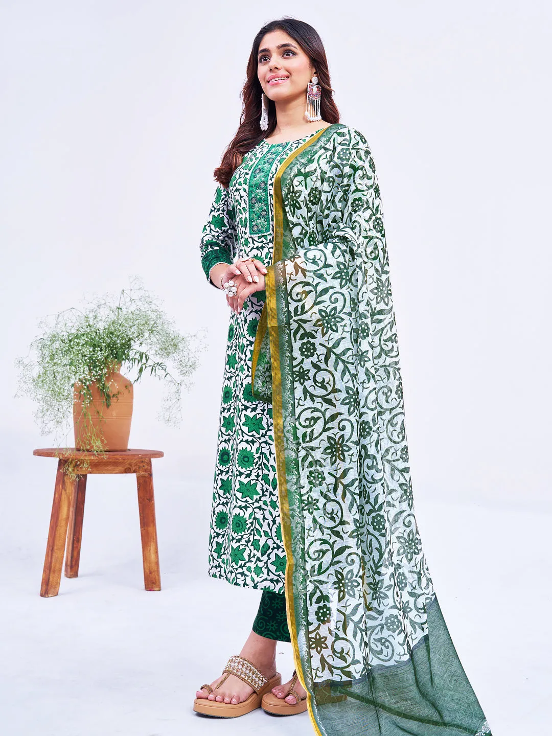 Green Rayon Print with Embroidery & Fancy Lace Work Kurti Set