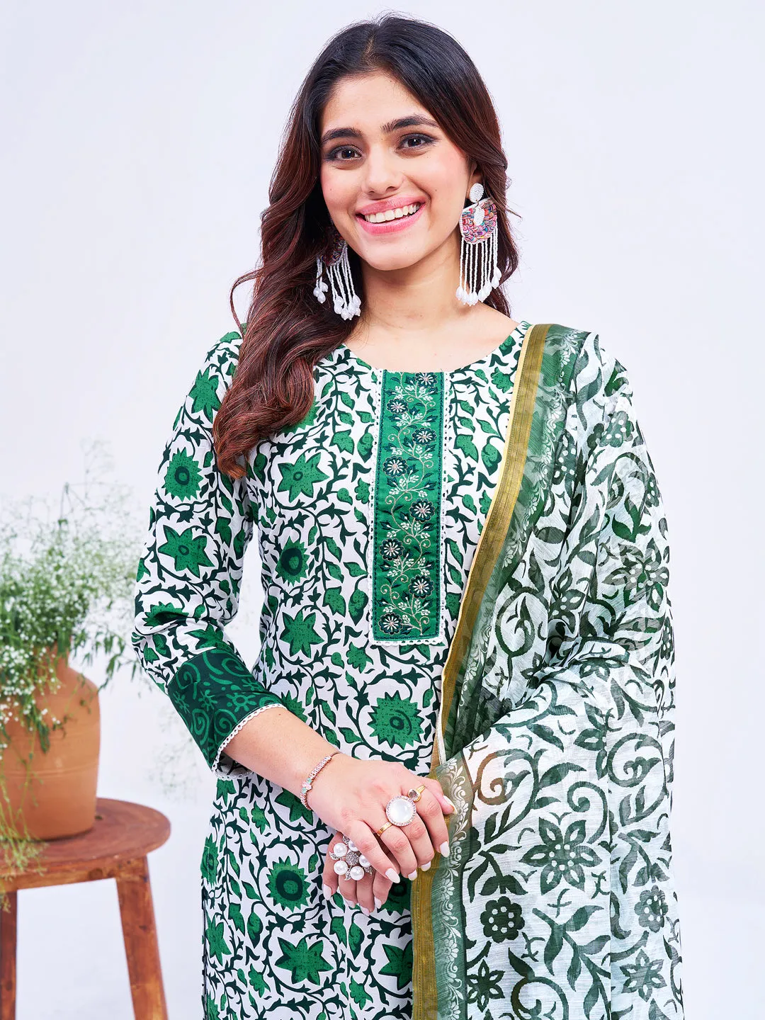 Green Rayon Print with Embroidery & Fancy Lace Work Kurti Set