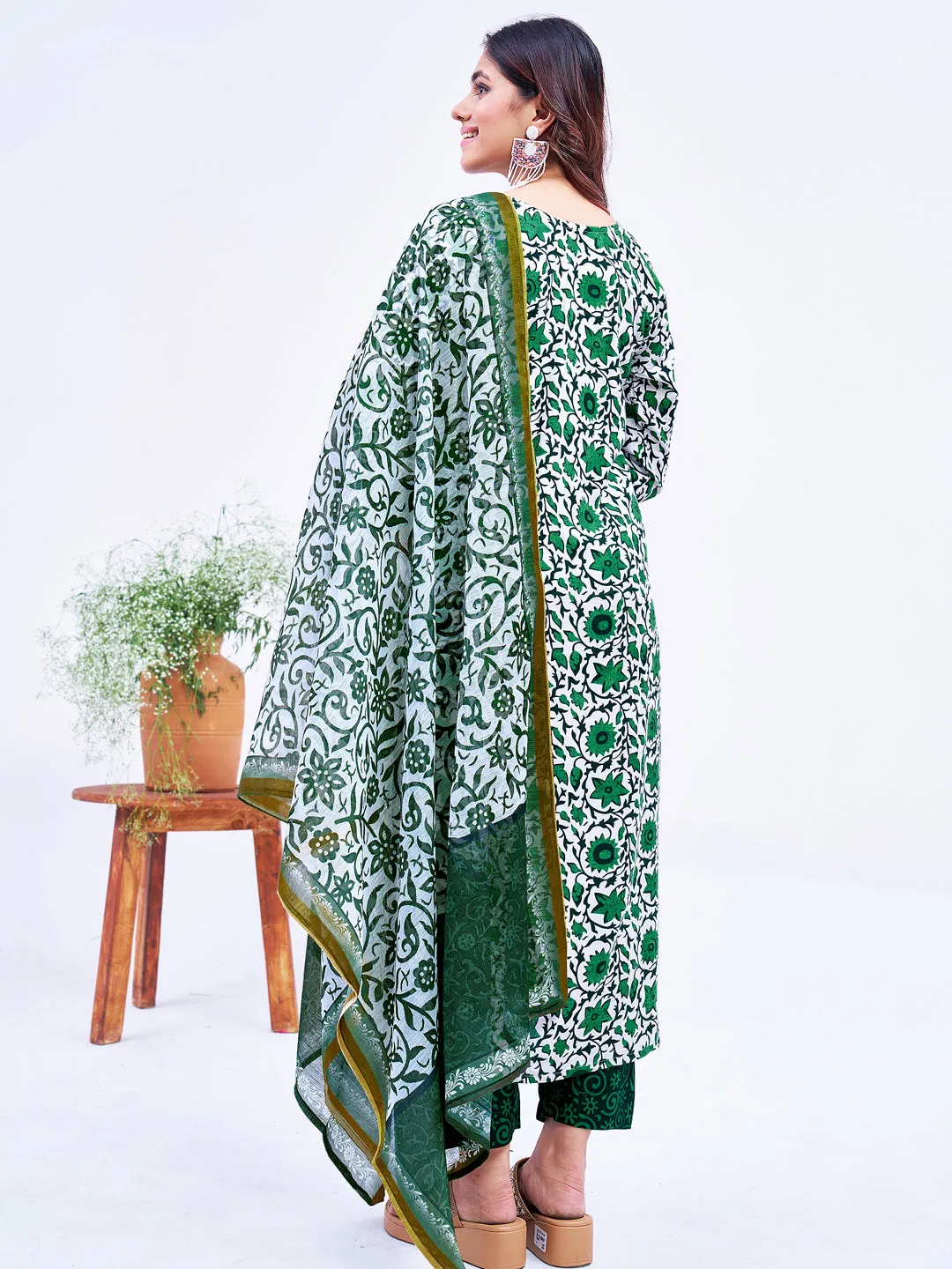 Green Rayon Print with Embroidery & Fancy Lace Work Kurti Set