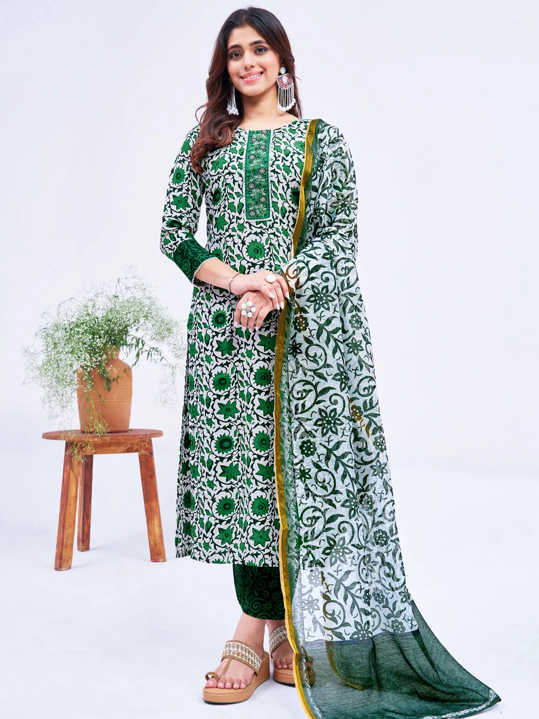 Green Rayon Print with Embroidery & Fancy Lace Work Kurti Set