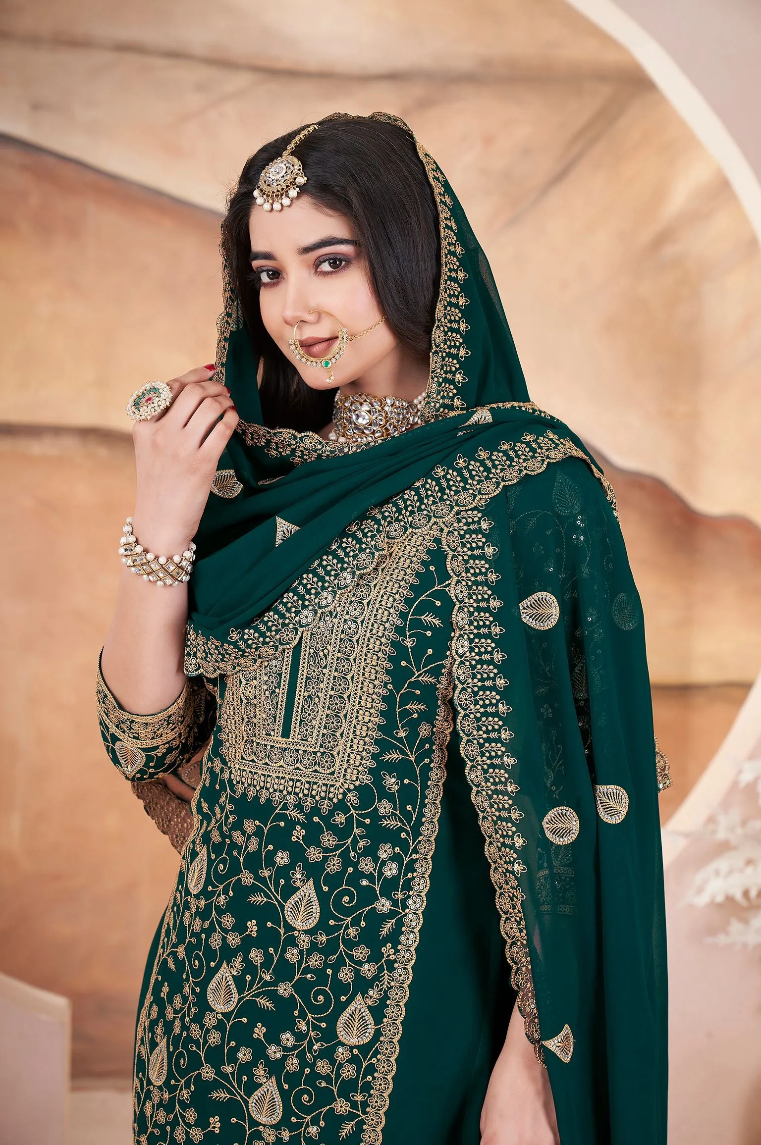 Green Readymade Pure Georgette Pakistani Sharara With Embroidery Sequence Work Sharara Suit