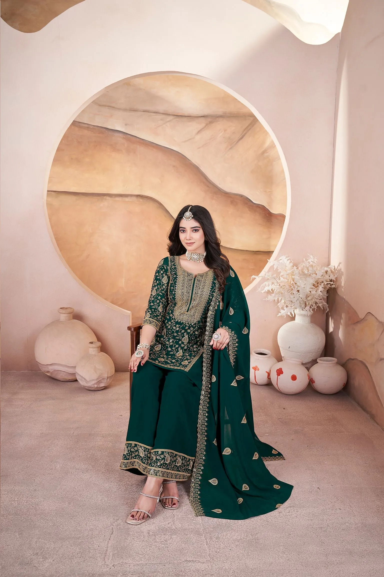 Green Readymade Pure Georgette Pakistani Sharara With Embroidery Sequence Work Sharara Suit