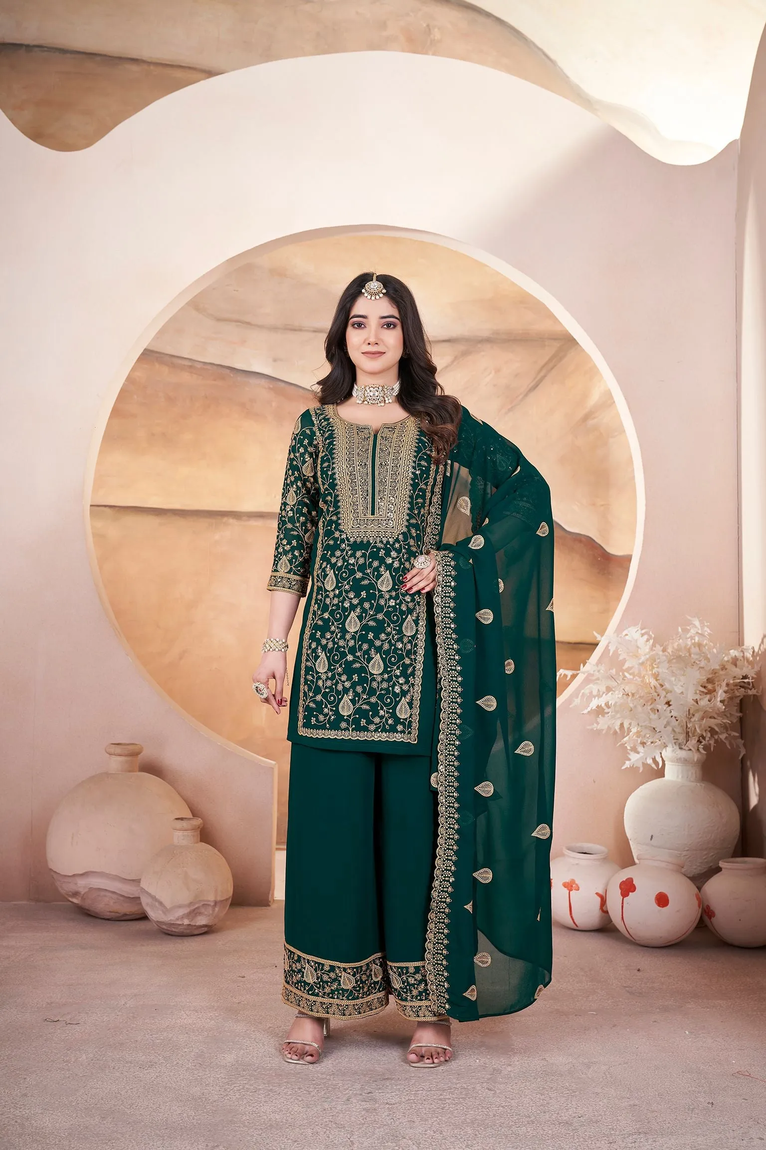 Green Readymade Pure Georgette Pakistani Sharara With Embroidery Sequence Work Sharara Suit