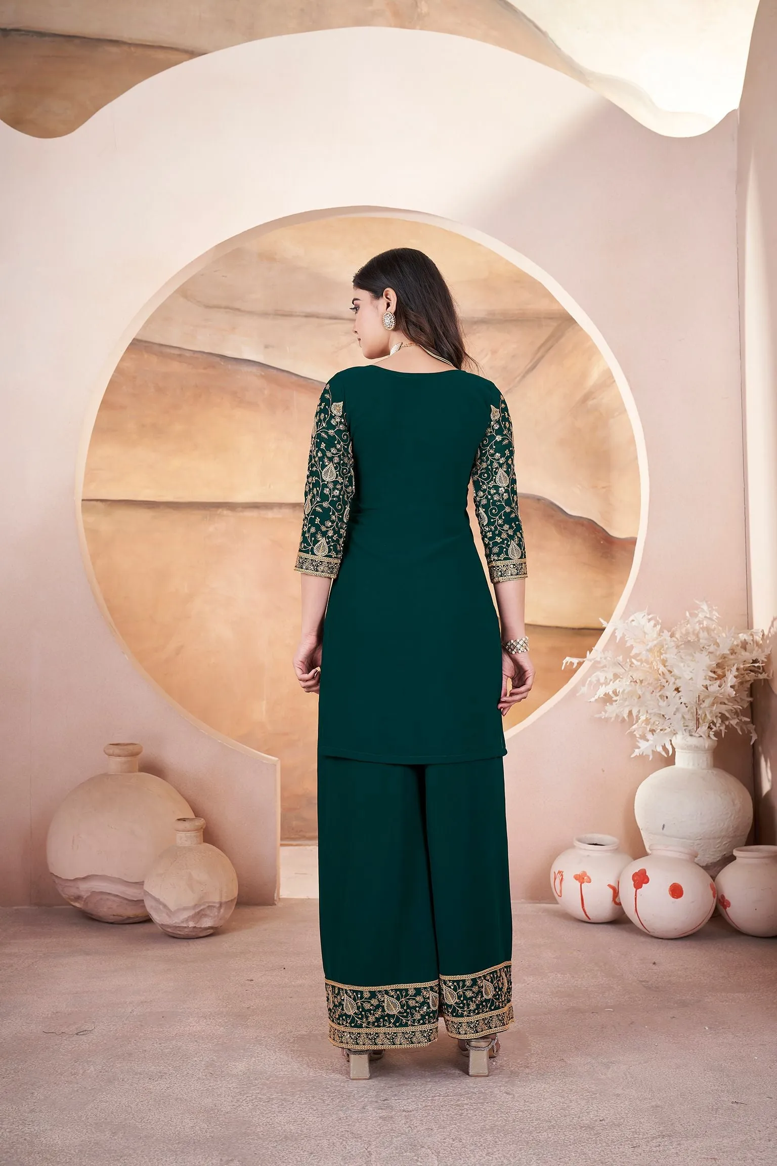 Green Readymade Pure Georgette Pakistani Sharara With Embroidery Sequence Work Sharara Suit