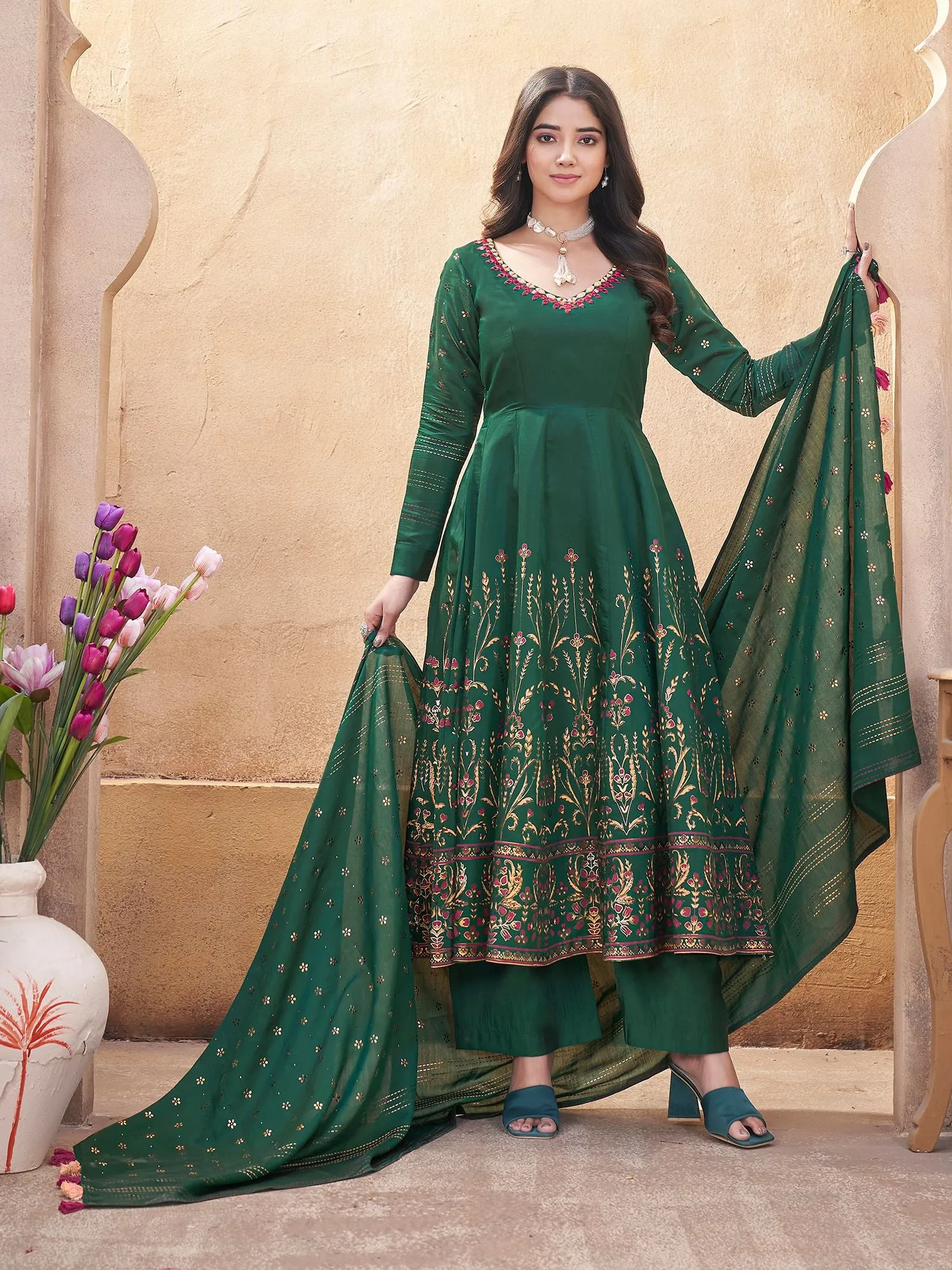 Green Silk Readymade Salwar Suit With Foil Print, Mirror And Thread Work Anarkali Salwar Suit