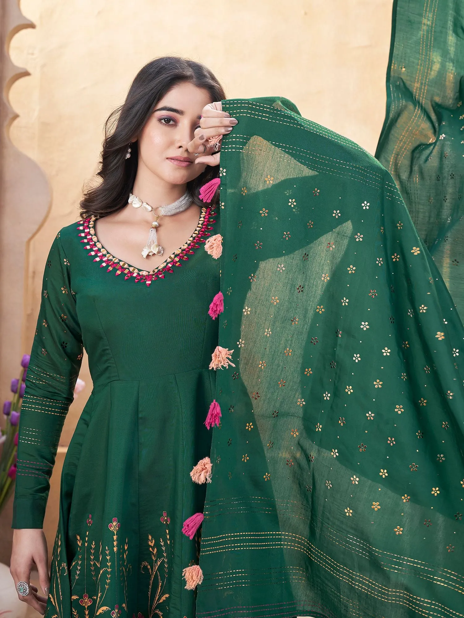 Green Silk Readymade Salwar Suit With Foil Print, Mirror And Thread Work Anarkali Salwar Suit