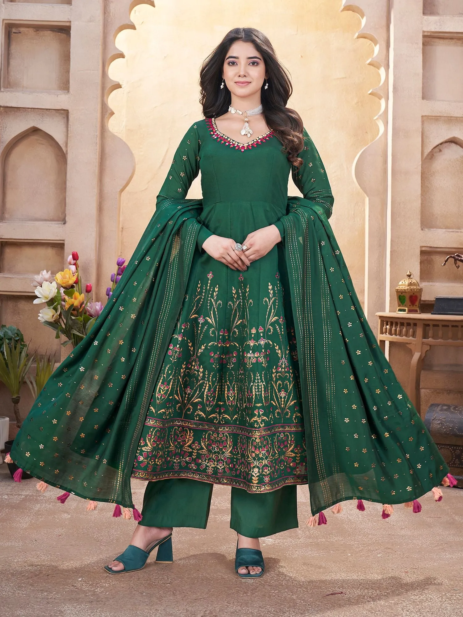 Green Silk Readymade Salwar Suit With Foil Print, Mirror And Thread Work Anarkali Salwar Suit