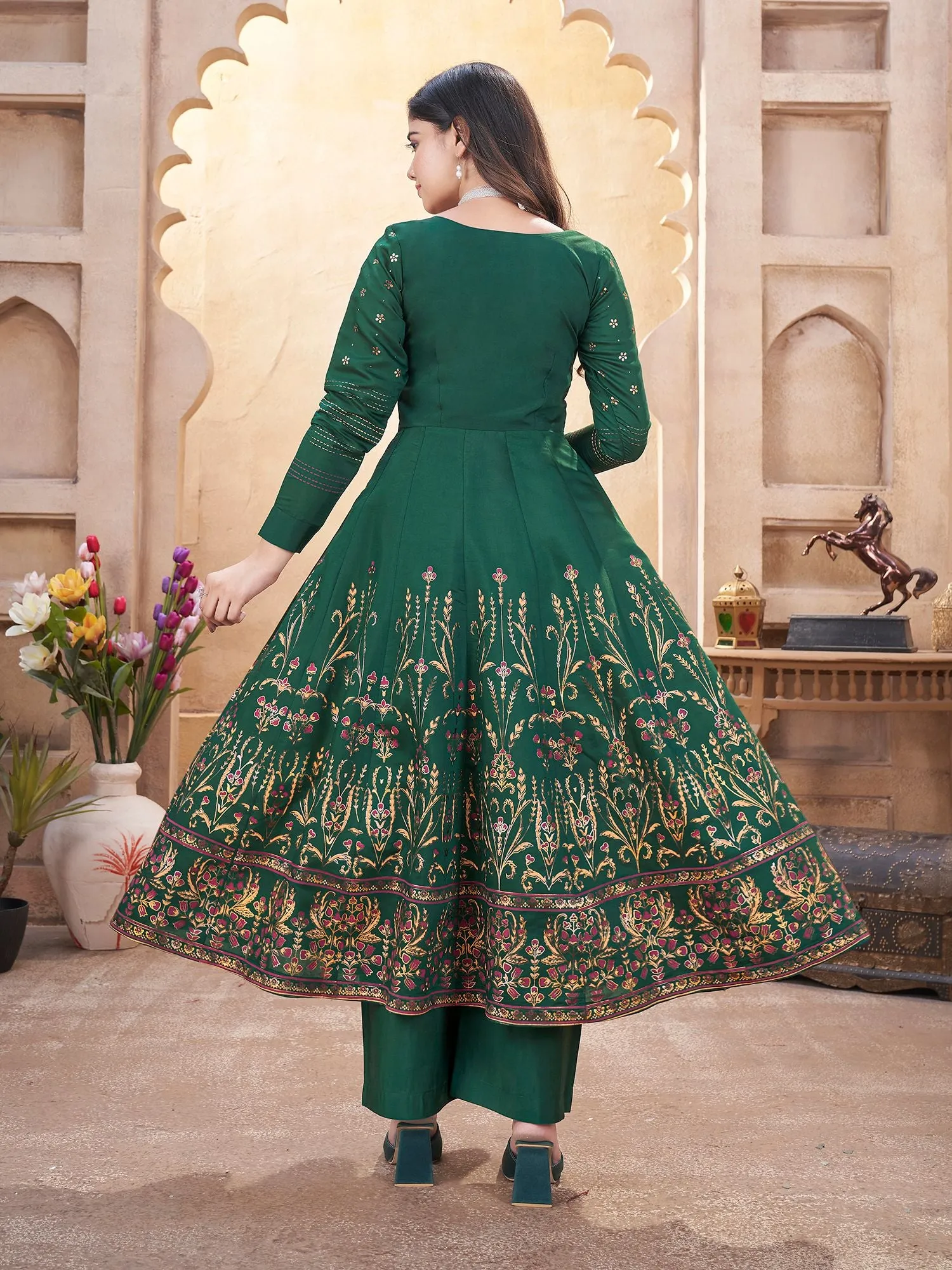 Green Silk Readymade Salwar Suit With Foil Print, Mirror And Thread Work Anarkali Salwar Suit