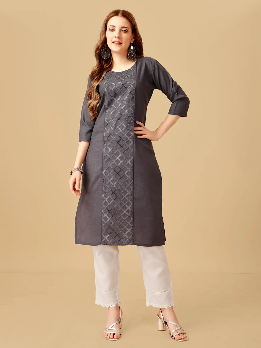 Grey Heavy Rayon Cotton with Embroidery Work Kurti Set