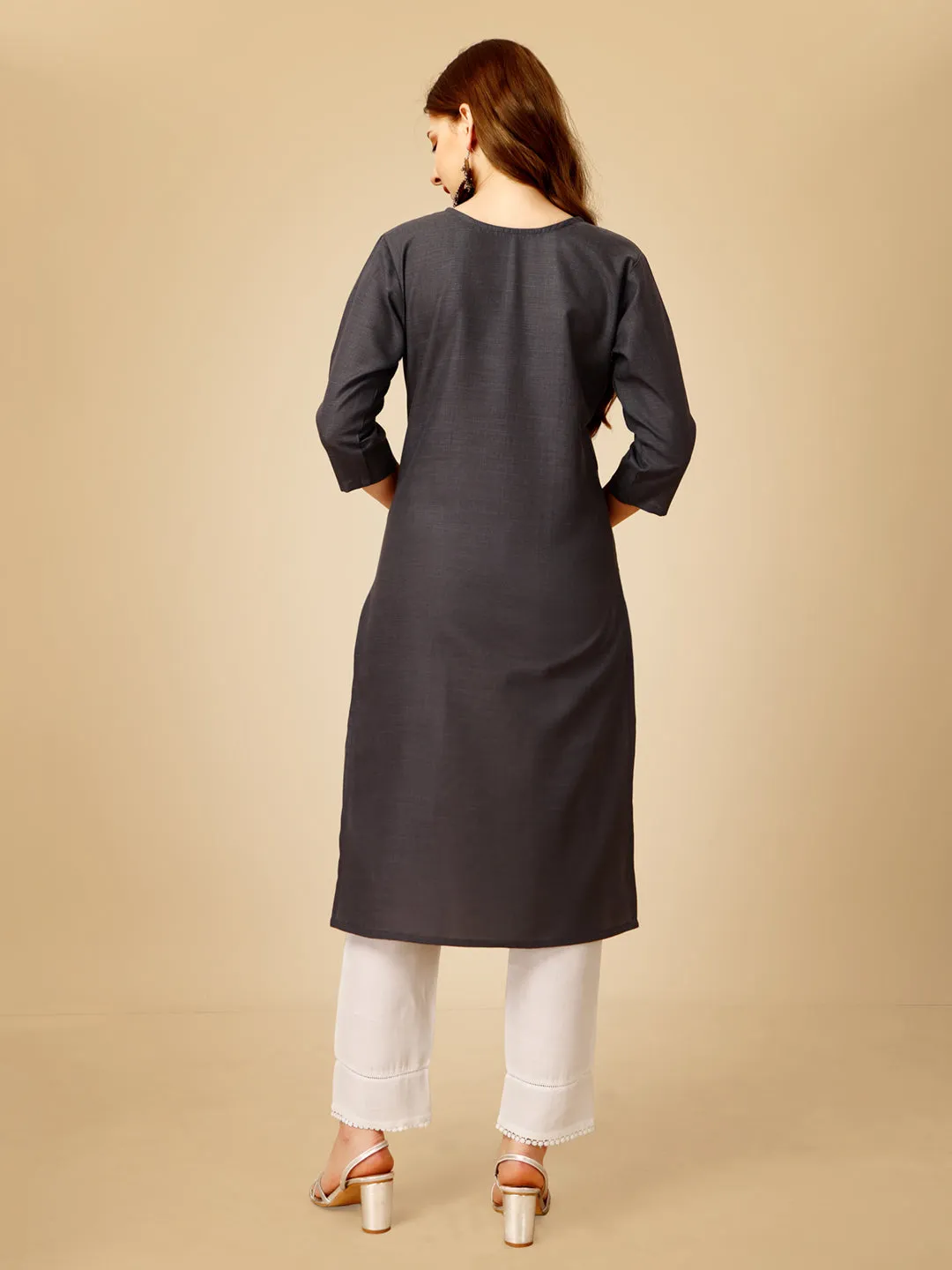 Grey Heavy Rayon Cotton with Embroidery Work Kurti Set