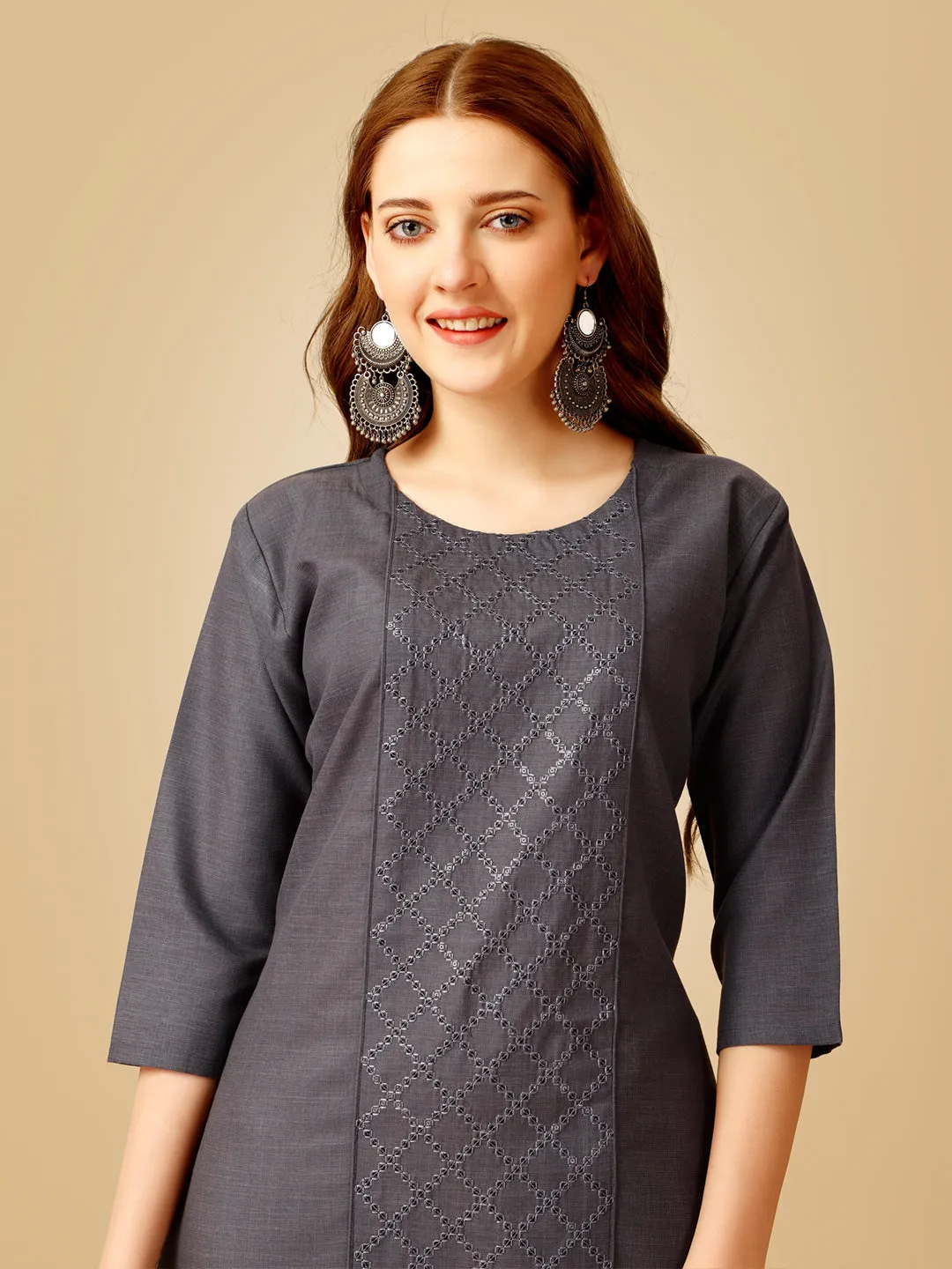 Grey Heavy Rayon Cotton with Embroidery Work Kurti Set