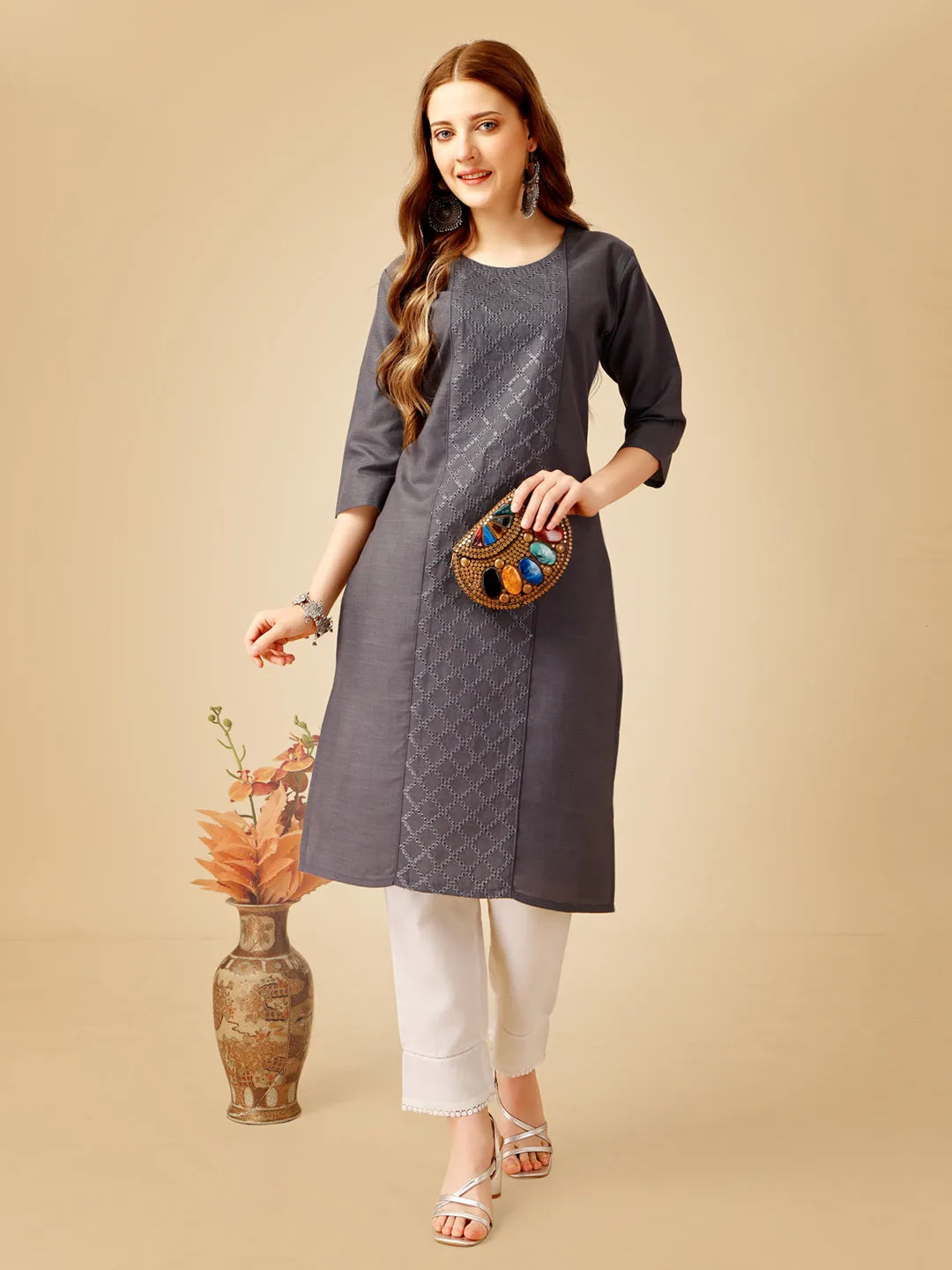 Grey Heavy Rayon Cotton with Embroidery Work Kurti Set