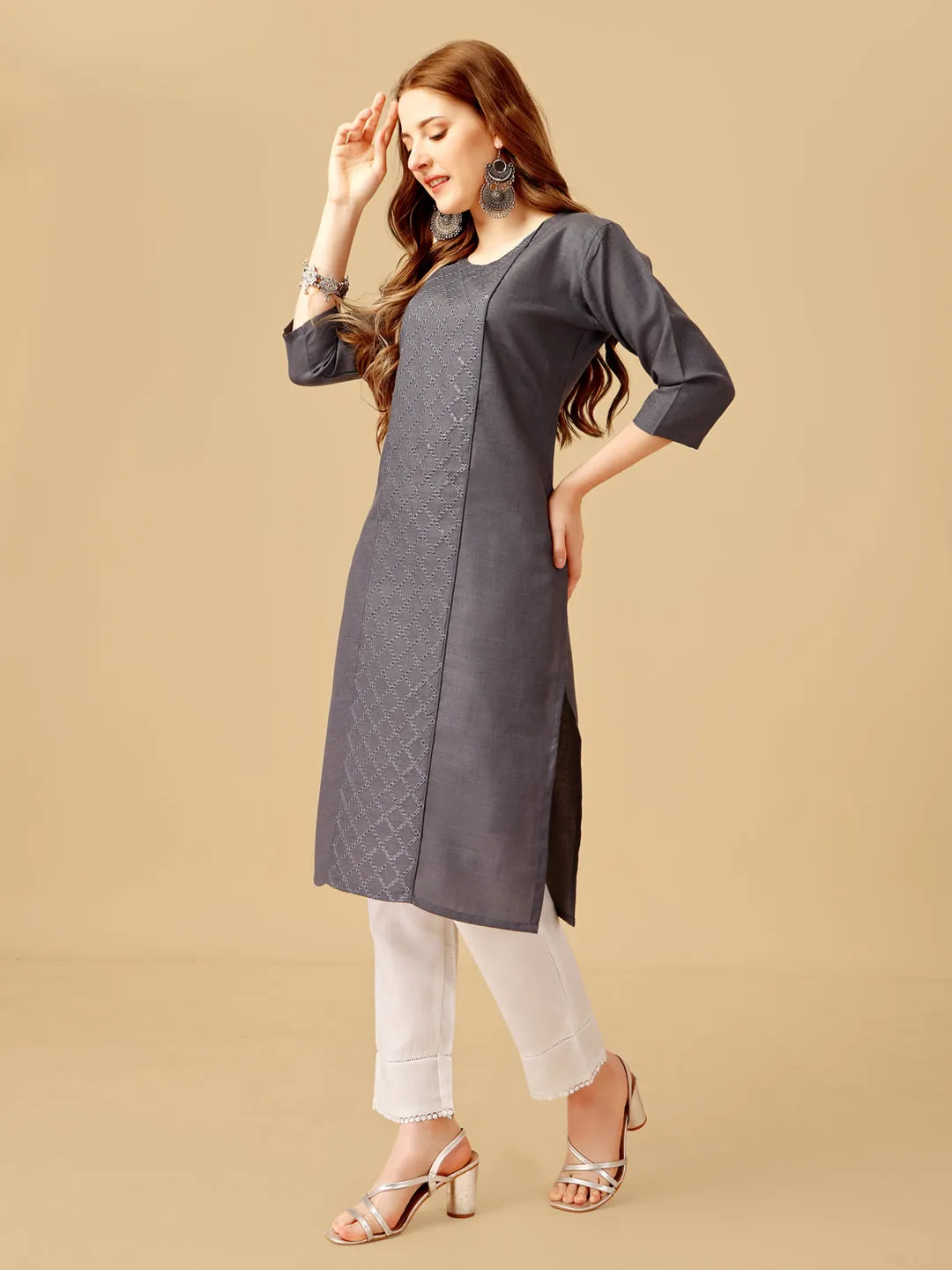 Grey Heavy Rayon Cotton with Embroidery Work Kurti Set