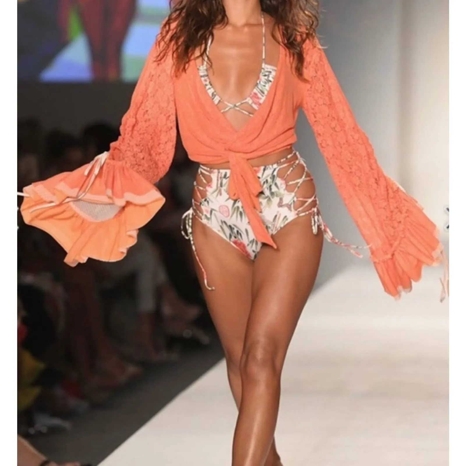HAH Lace Boho Top Ruffle Top Blouse Festival Coachella M Orange New