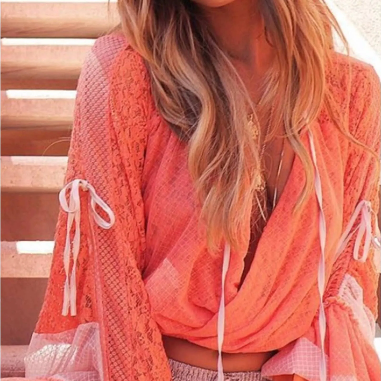 HAH Lace Boho Top Ruffle Top Blouse Festival Coachella M Orange New