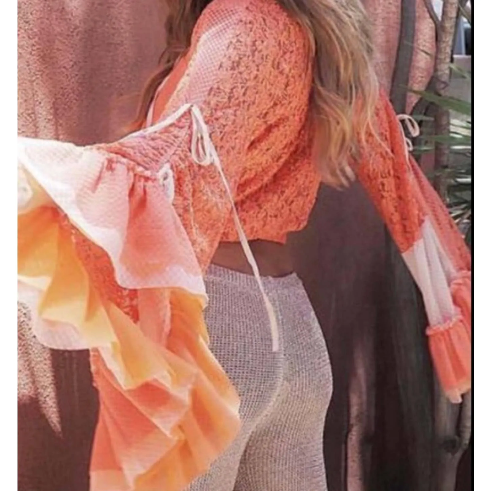 HAH Lace Boho Top Ruffle Top Blouse Festival Coachella M Orange New