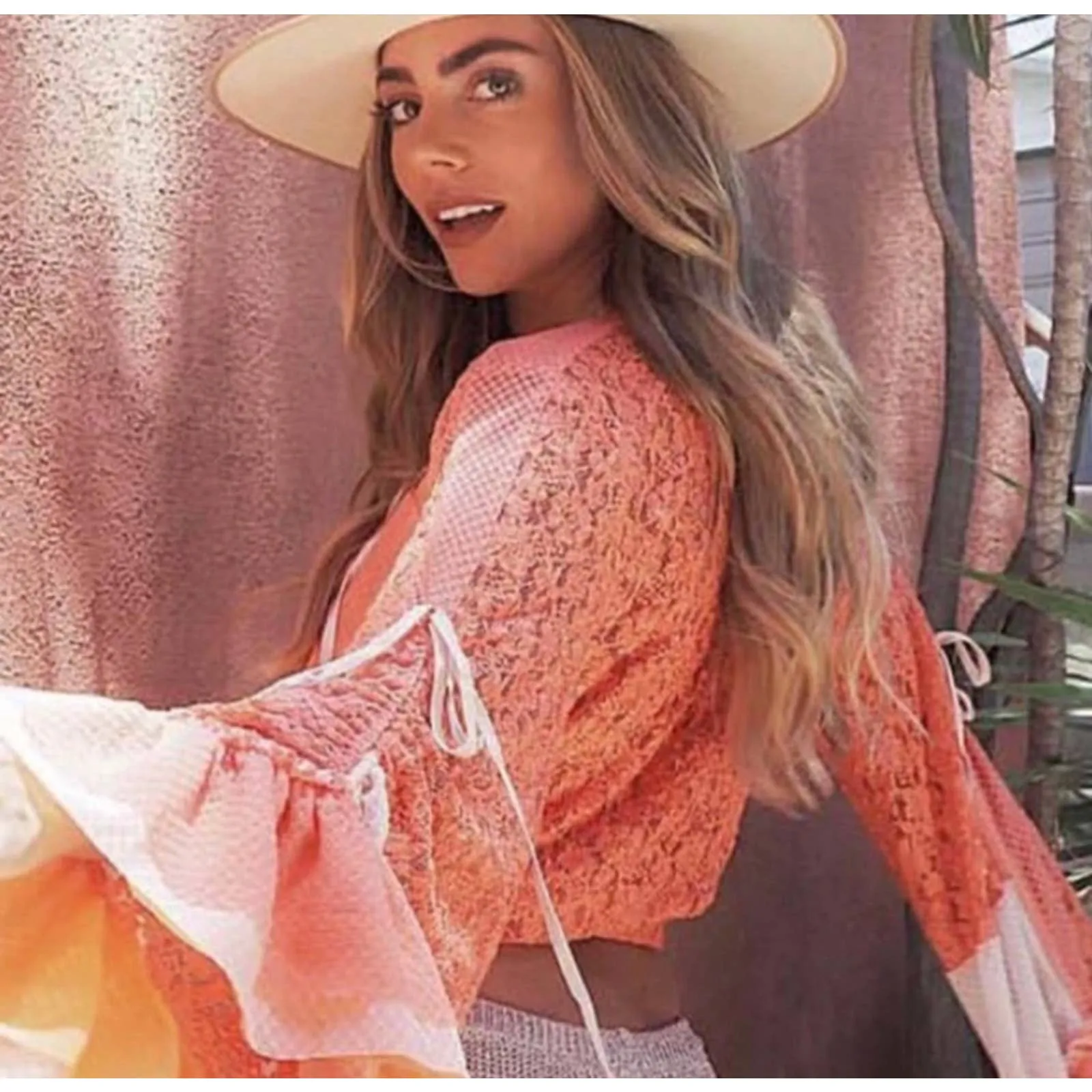 HAH Lace Boho Top Ruffle Top Blouse Festival Coachella M Orange New