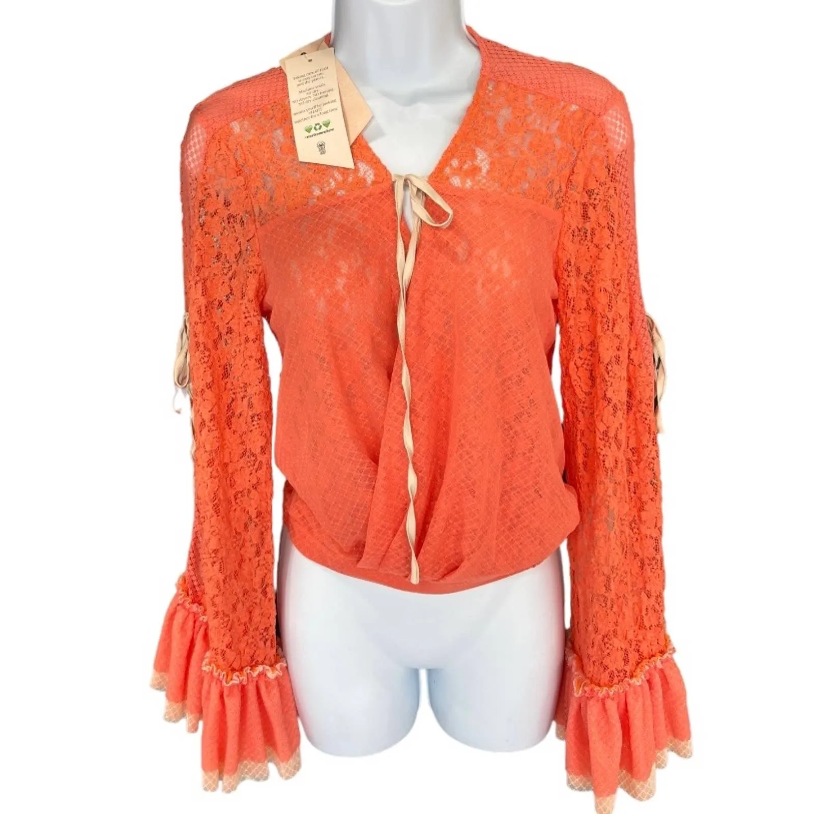 HAH Lace Boho Top Ruffle Top Blouse Festival Coachella M Orange New