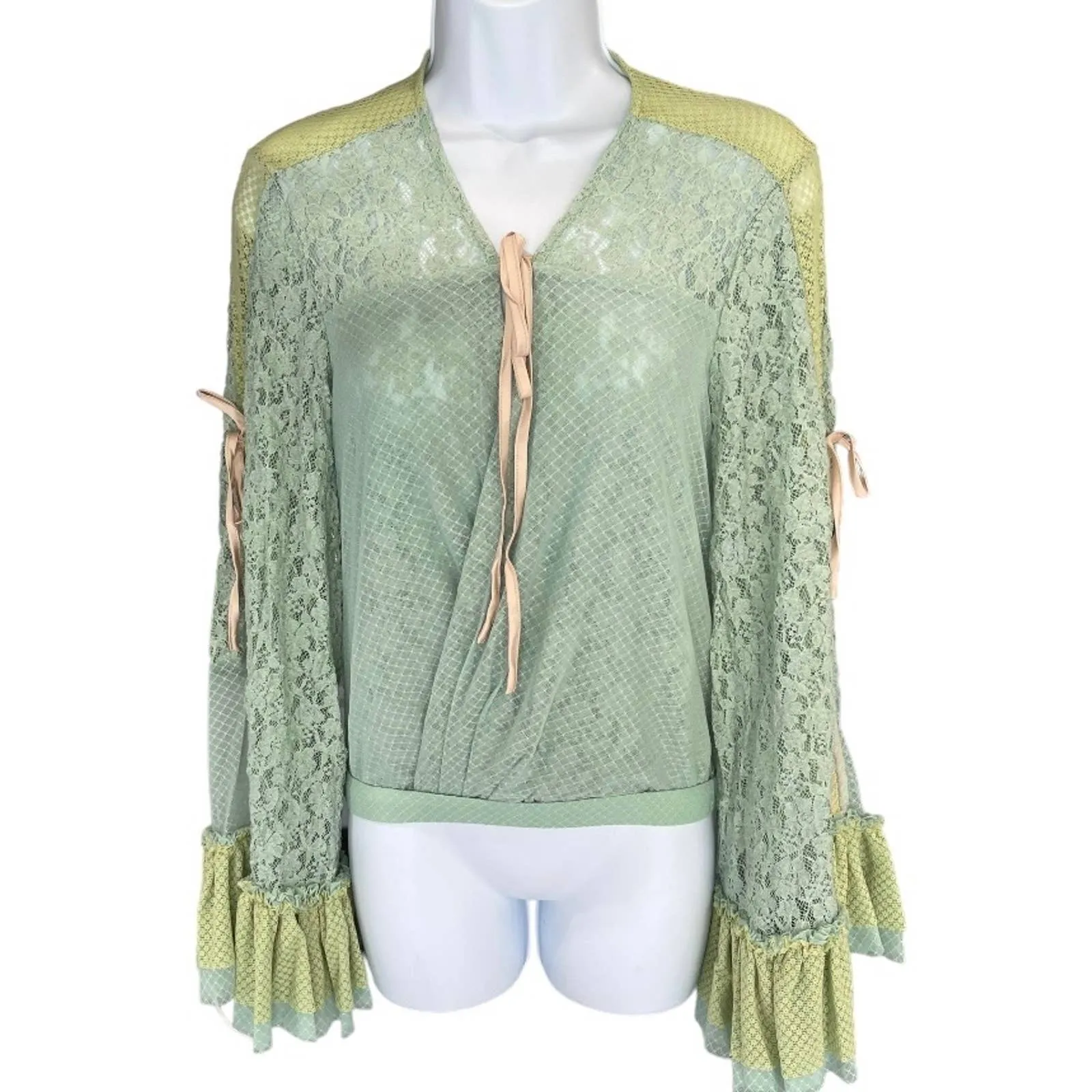 HAH Lace Boho Top Ruffle Top Blouse Shirt Festival Coachella S Blue New