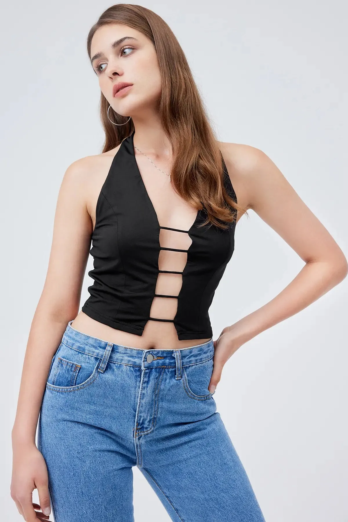 Halter Cut Out Tie Back Crop Top