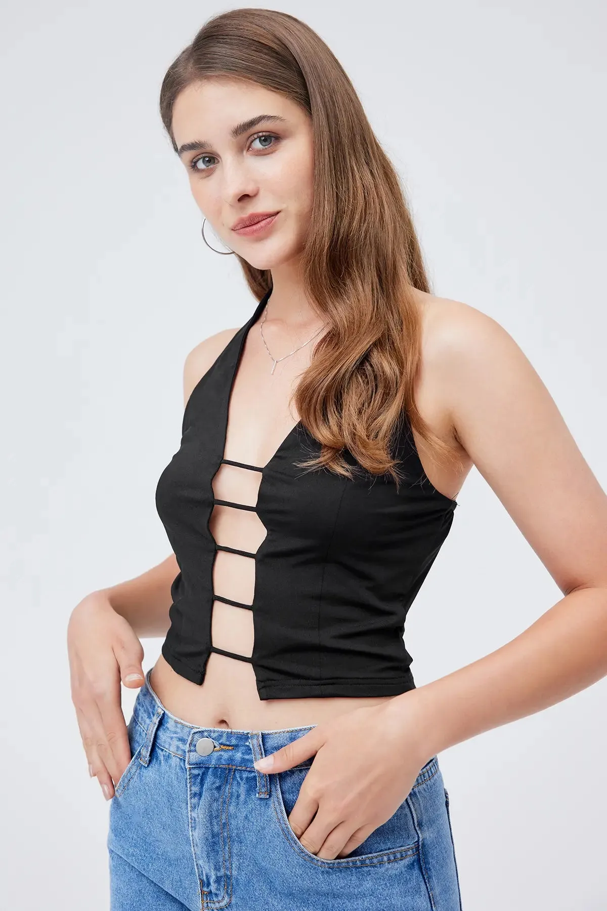 Halter Cut Out Tie Back Crop Top