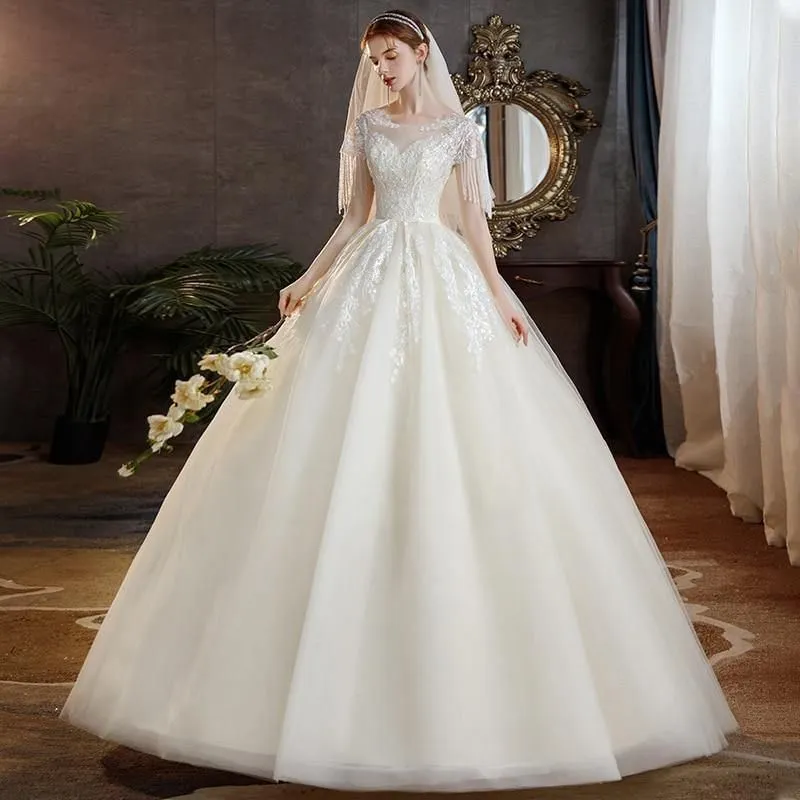 High Quality Champagne O Neck Short Sleeve Wedding Dress