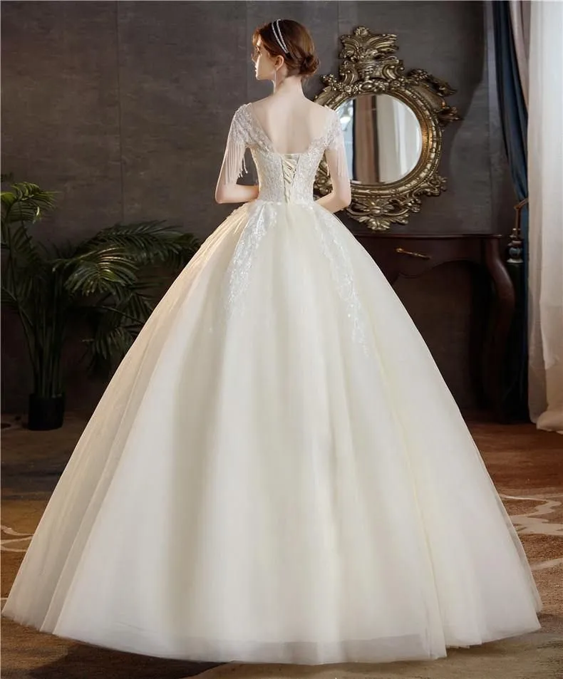 High Quality Champagne O Neck Short Sleeve Wedding Dress