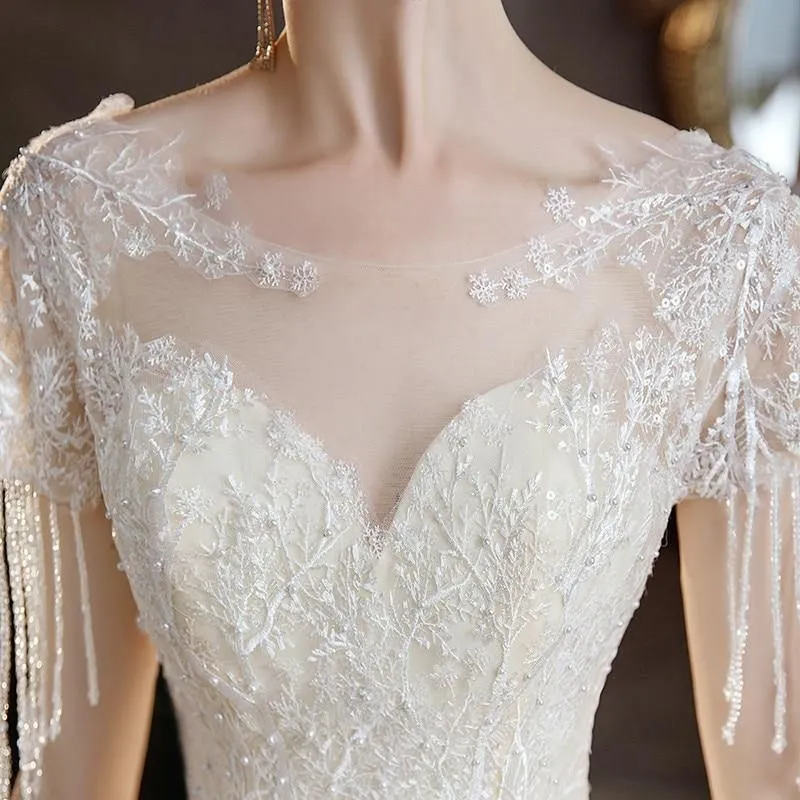 High Quality Champagne O Neck Short Sleeve Wedding Dress