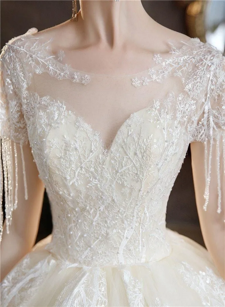 High Quality Champagne O Neck Short Sleeve Wedding Dress