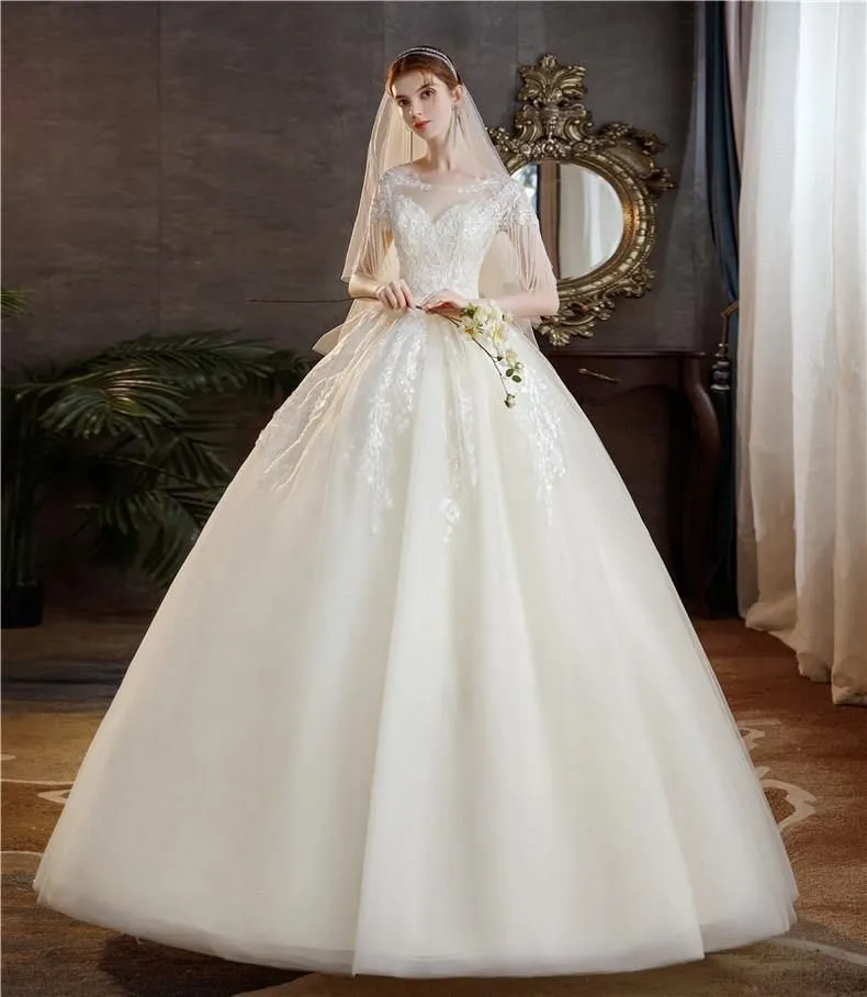 High Quality Champagne O Neck Short Sleeve Wedding Dress