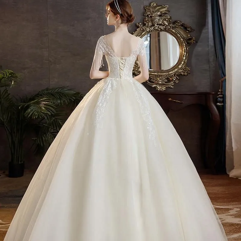 High Quality Champagne O Neck Short Sleeve Wedding Dress