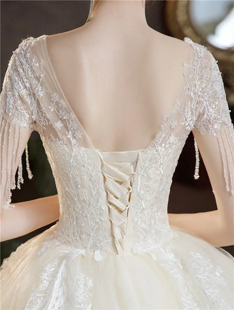 High Quality Champagne O Neck Short Sleeve Wedding Dress