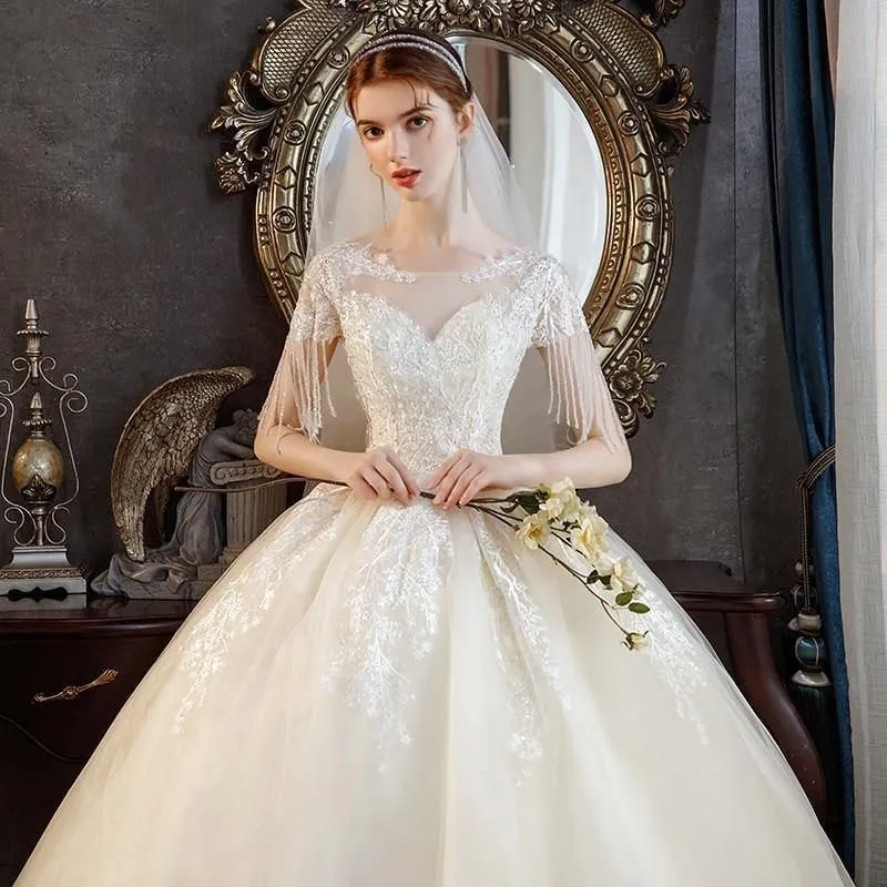 High Quality Champagne O Neck Short Sleeve Wedding Dress