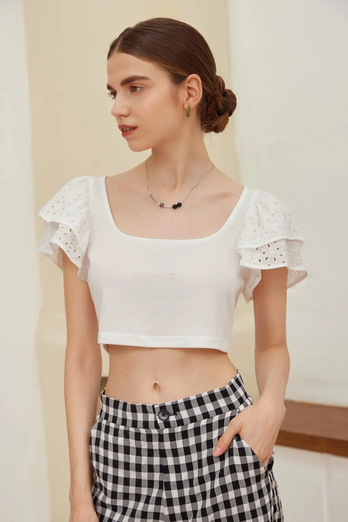 Hollow Layered Sleeve Crop Tee