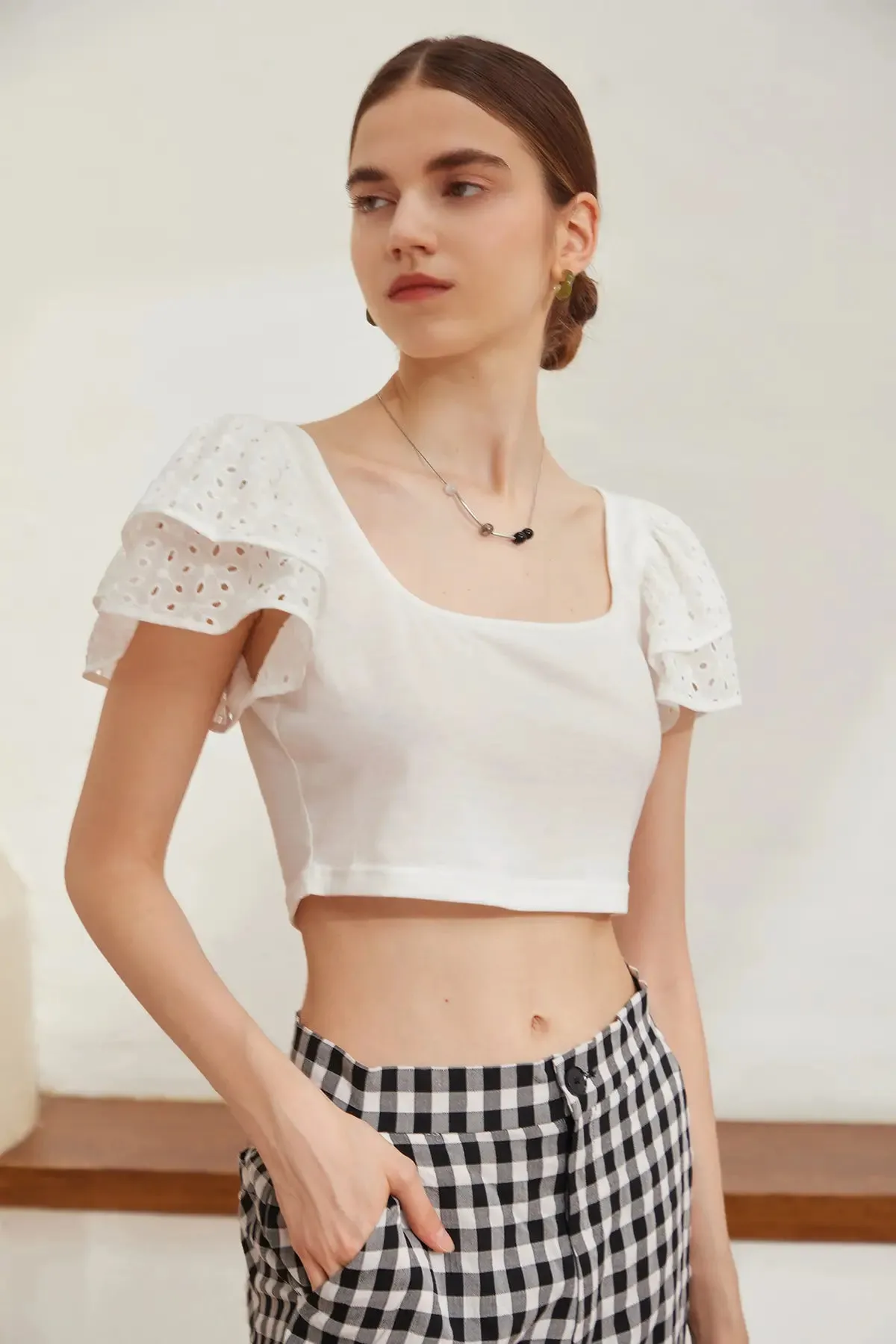 Hollow Layered Sleeve Crop Tee