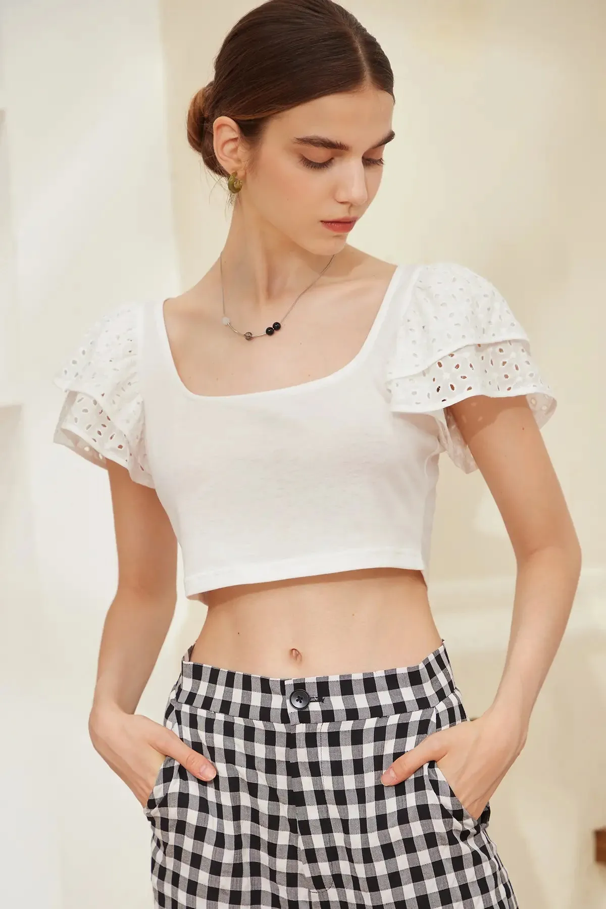 Hollow Layered Sleeve Crop Tee