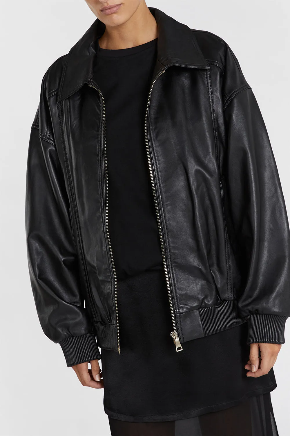 HUTTON BLACK LEATHER BOMBER JACKET