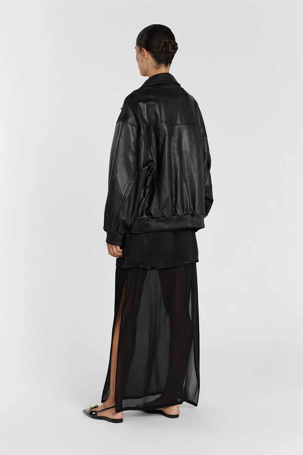 HUTTON BLACK LEATHER BOMBER JACKET