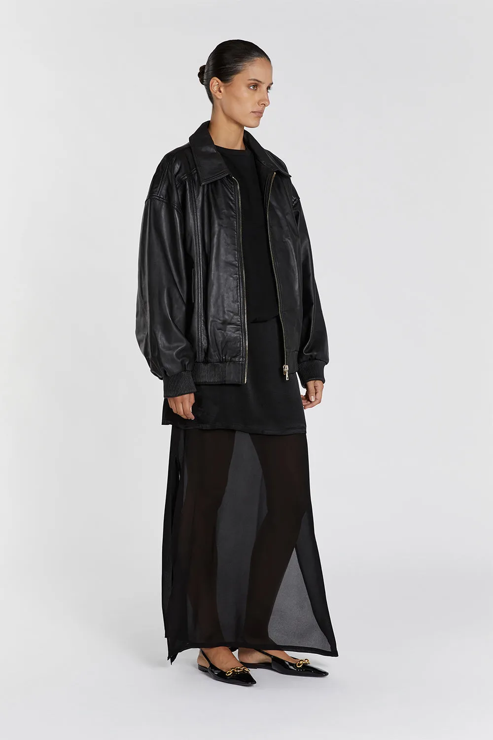 HUTTON BLACK LEATHER BOMBER JACKET