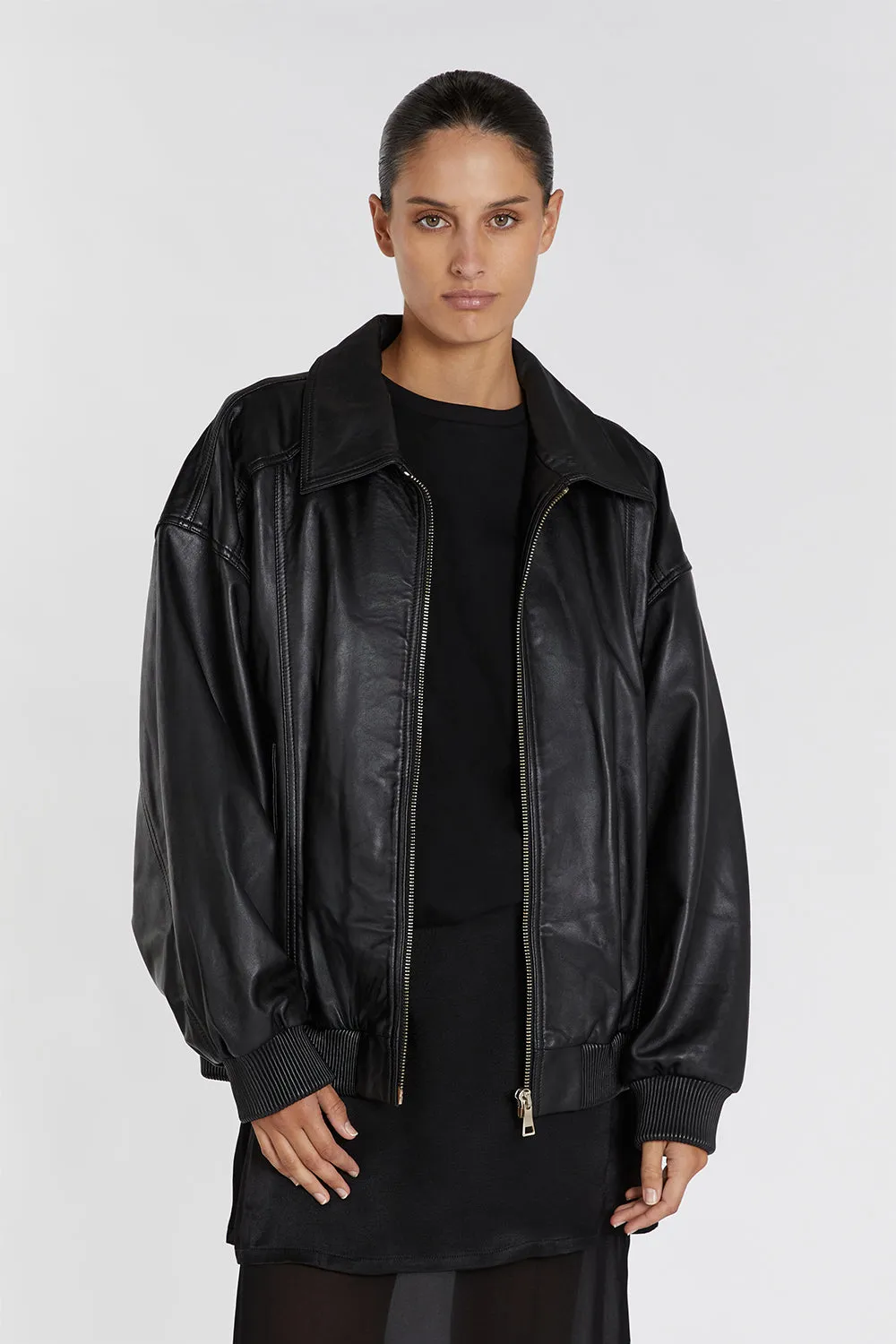 HUTTON BLACK LEATHER BOMBER JACKET
