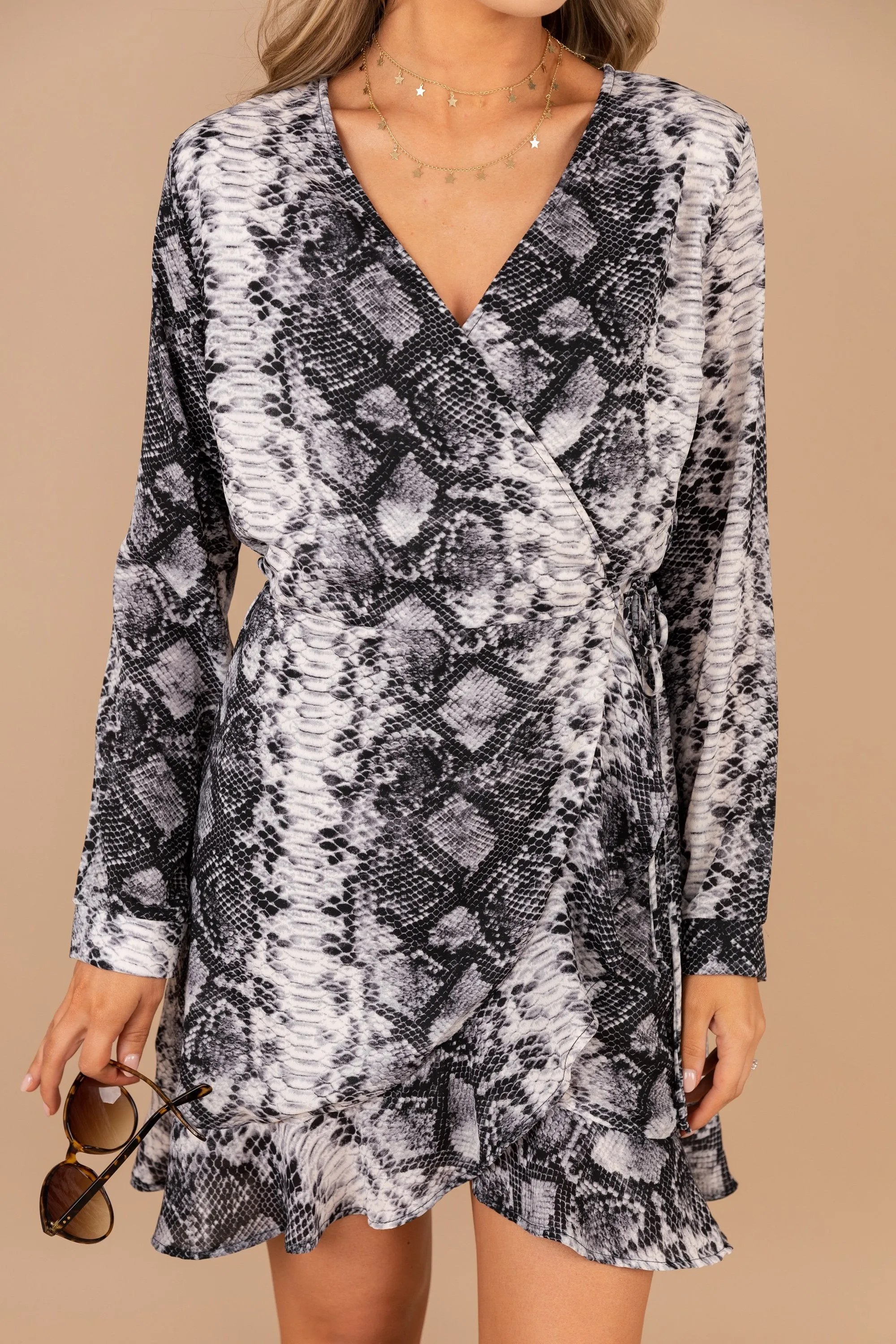 Looking For Me Black Snake Print Wrap Dress