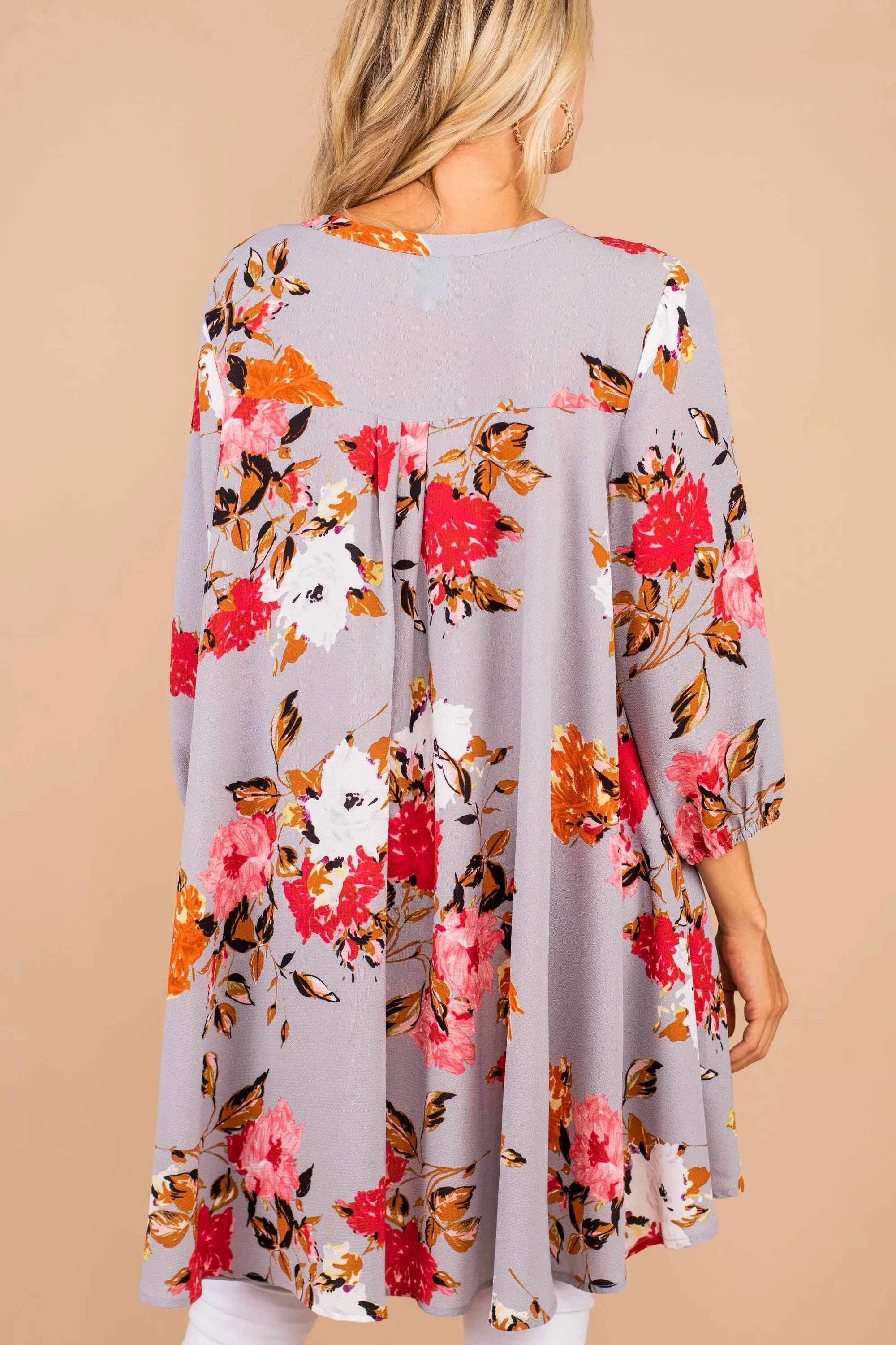 Make A Promise Gray Floral Tunic