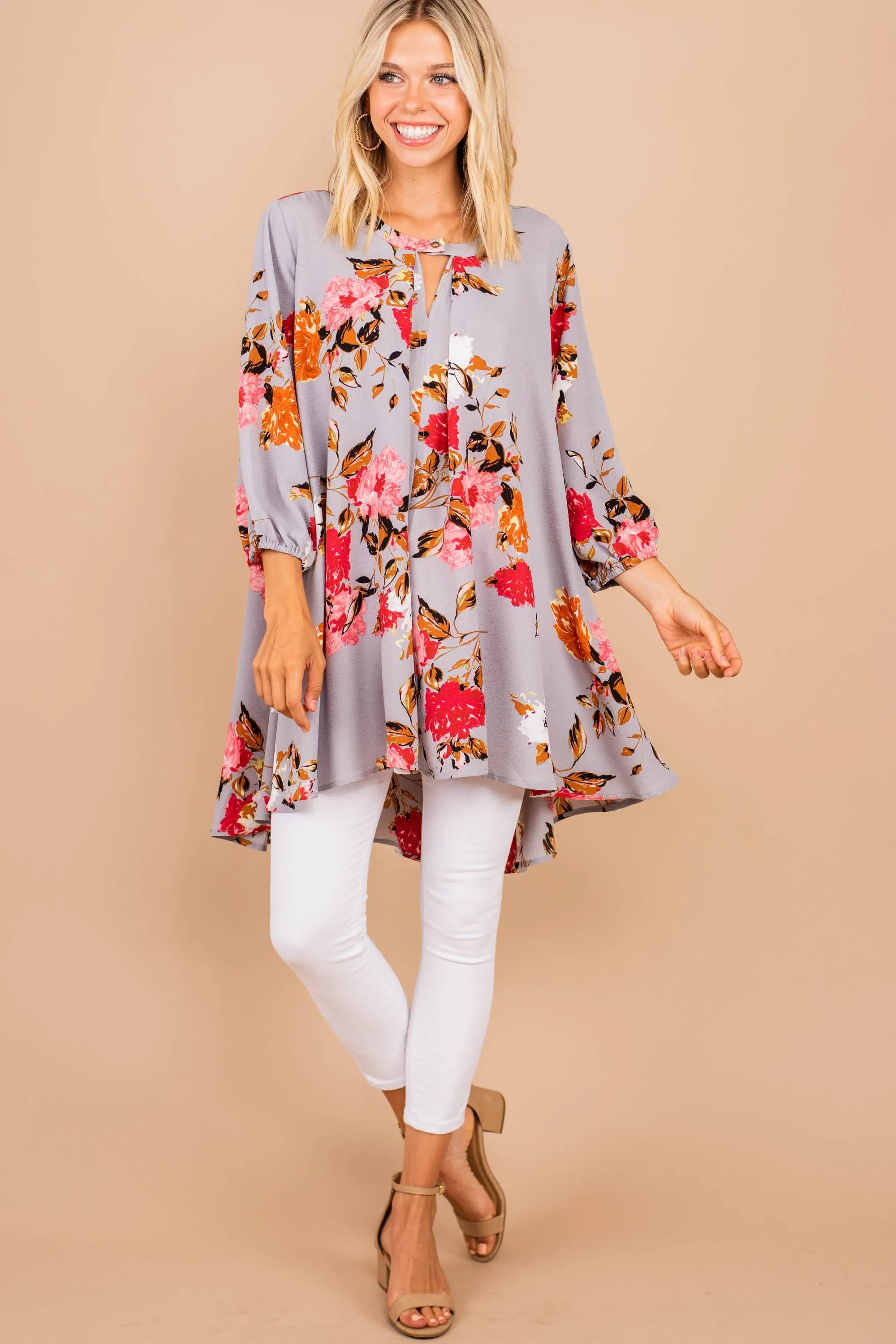 Make A Promise Gray Floral Tunic