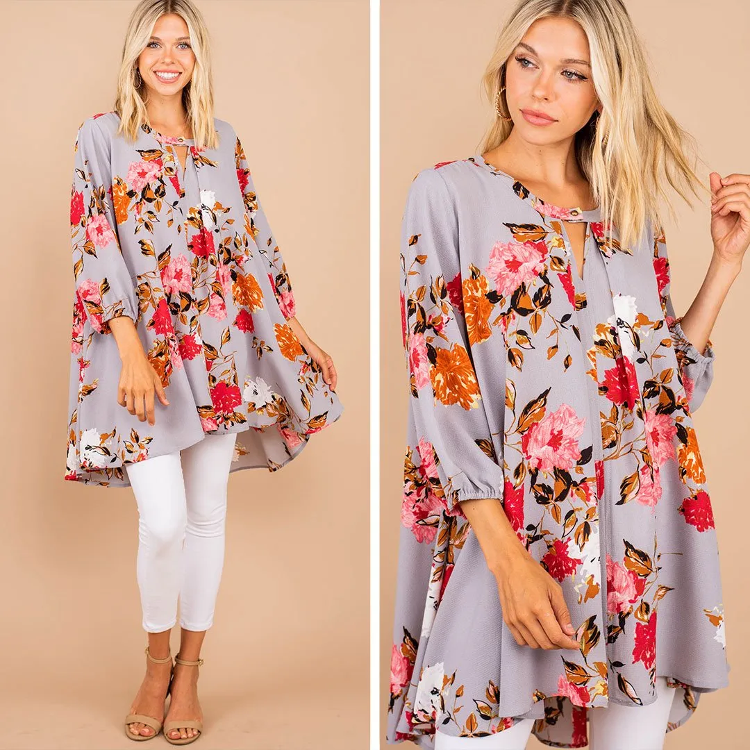 Make A Promise Gray Floral Tunic