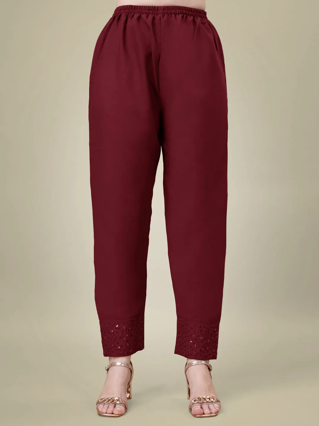 Maroon Rayon Print with Embroidery & Sequence Work Kurti Set