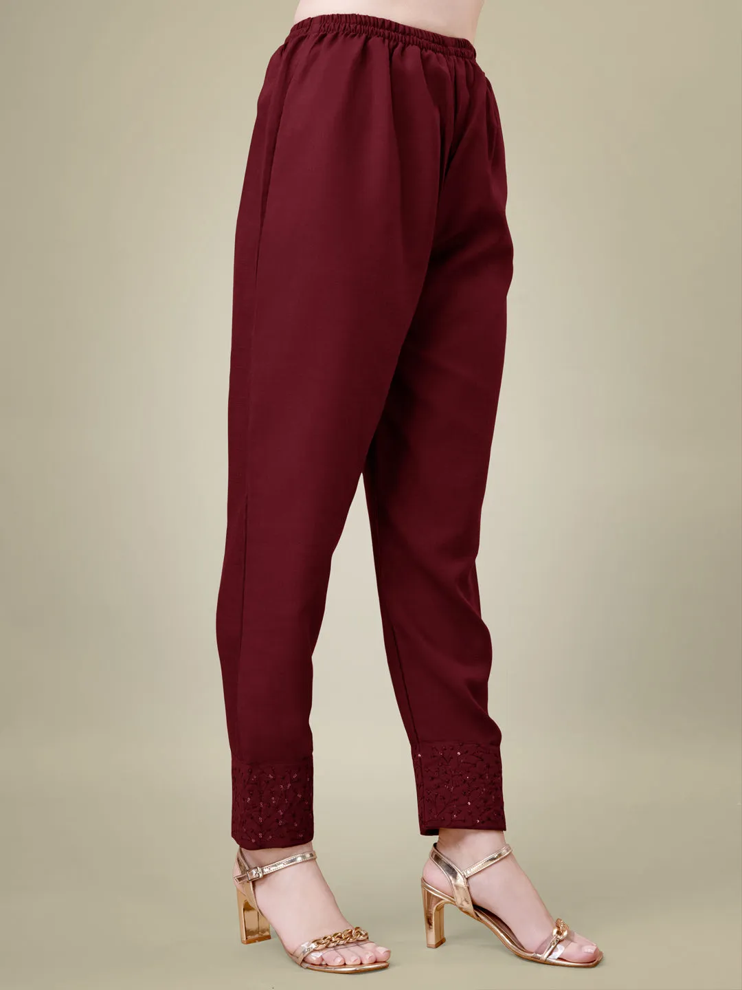 Maroon Rayon Print with Embroidery & Sequence Work Kurti Set